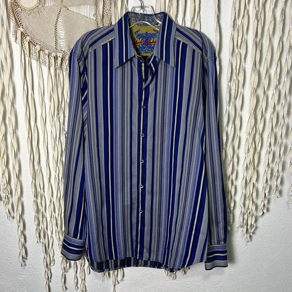 Robert Graham Blue Gray Stripe Men's Long Sleeve Button Down Shirt Large - Picture 1 of 13
